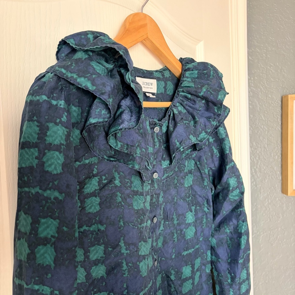 J Crew Collection Ruffle Collar Blouse Plaid 100% Silk Twill Button Down, S - Picture 5 of 12